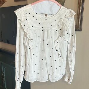 LOFT Ivory Heart Print Ruffle Blouse
